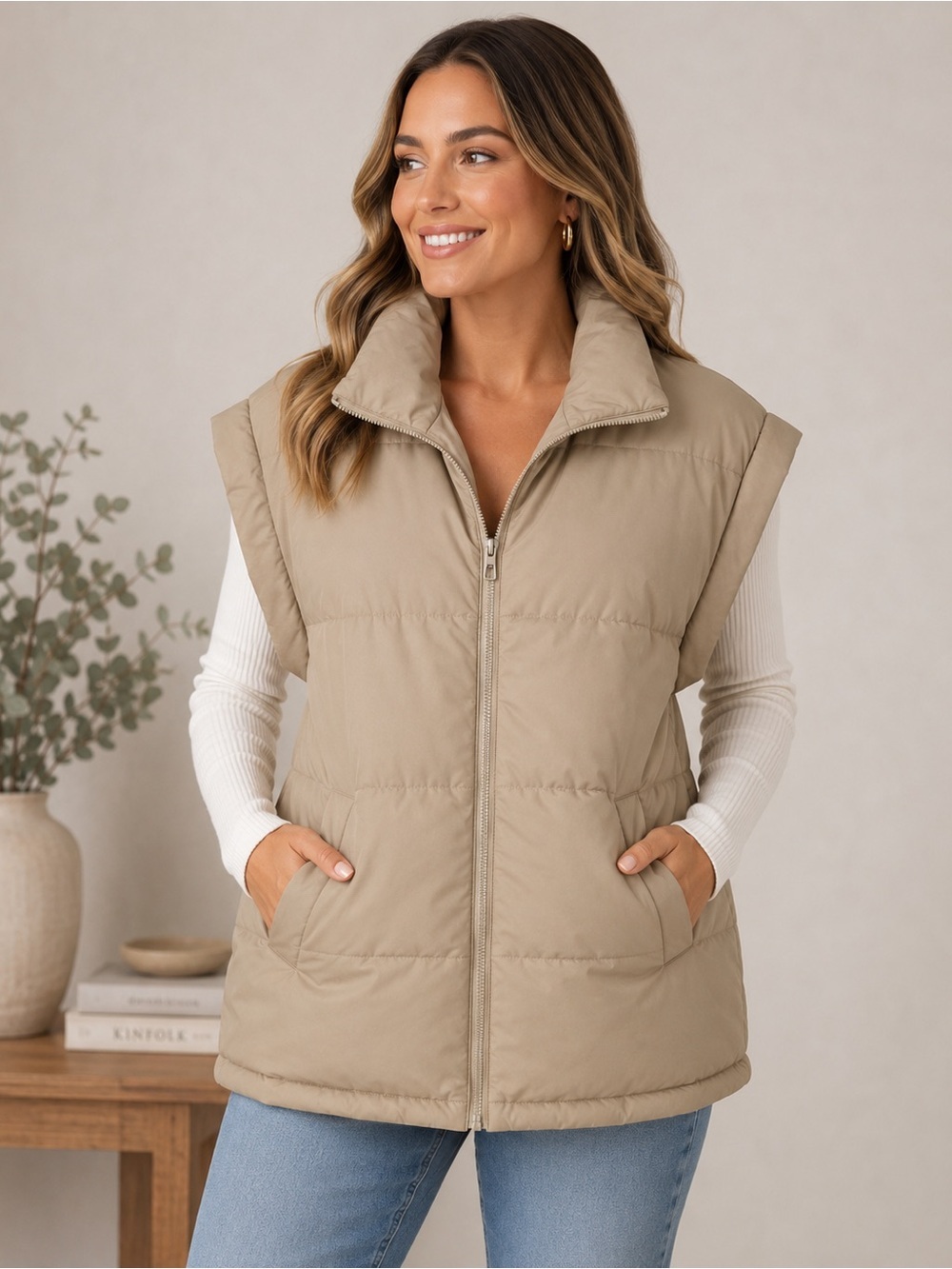 NA-KD Puffer Vest Size S (36) Tan with Belted or Unbelted Waist